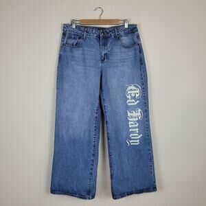 Ed Hardy Jeans 32 Blue Born Free Tattoo Wide Leg Loose Fit Y2K Skater Streetwear